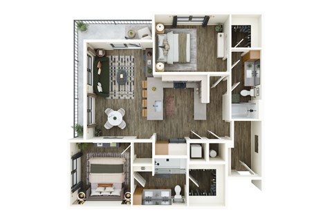 A top-down view of a small apartment with a kitchen, living room, and bathroom.